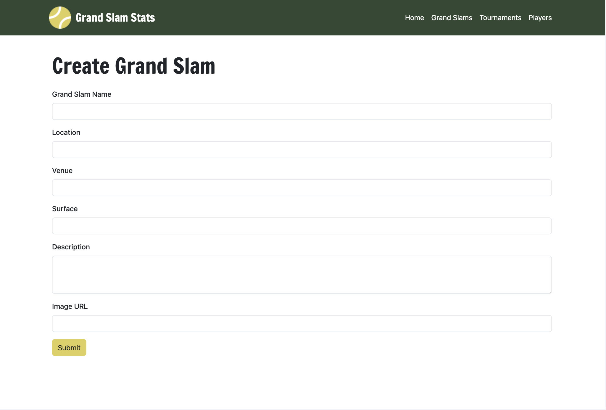 Grand Slam Stats grand slam create page.