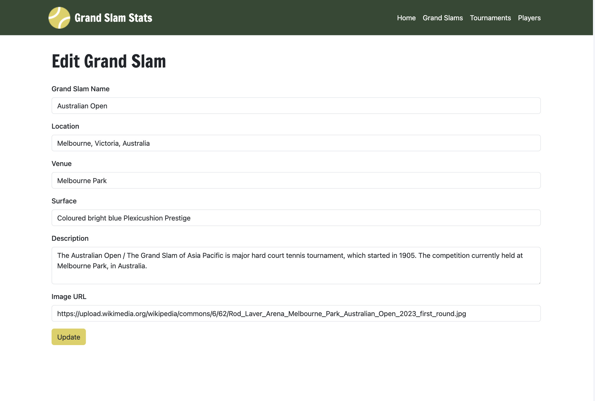 Grand Slam Stats grand slam edit page.