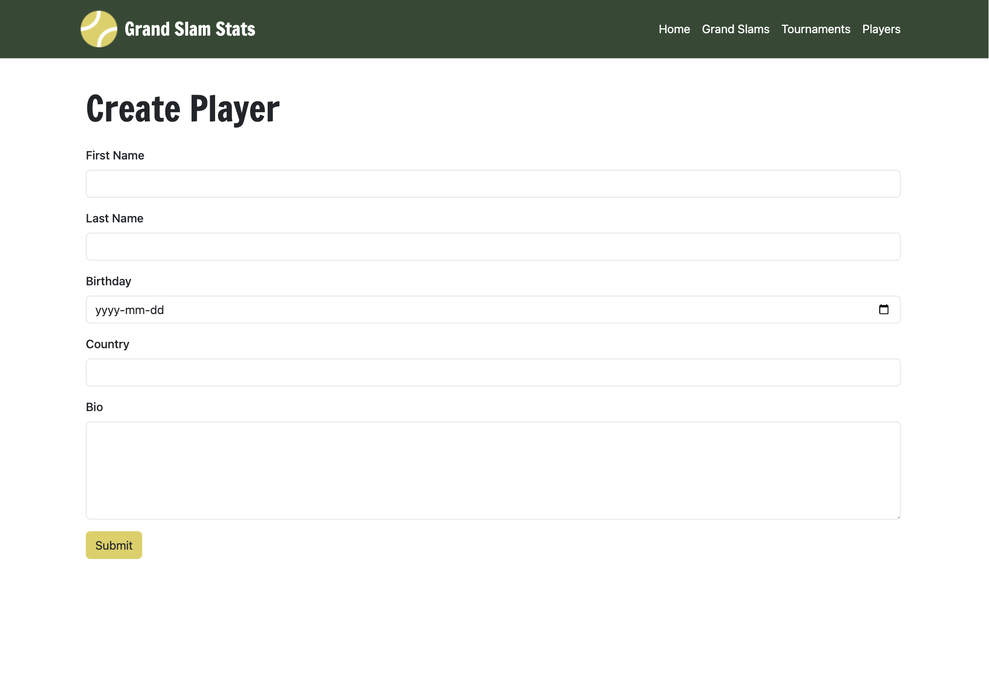 Grand Slam Stats player create page.