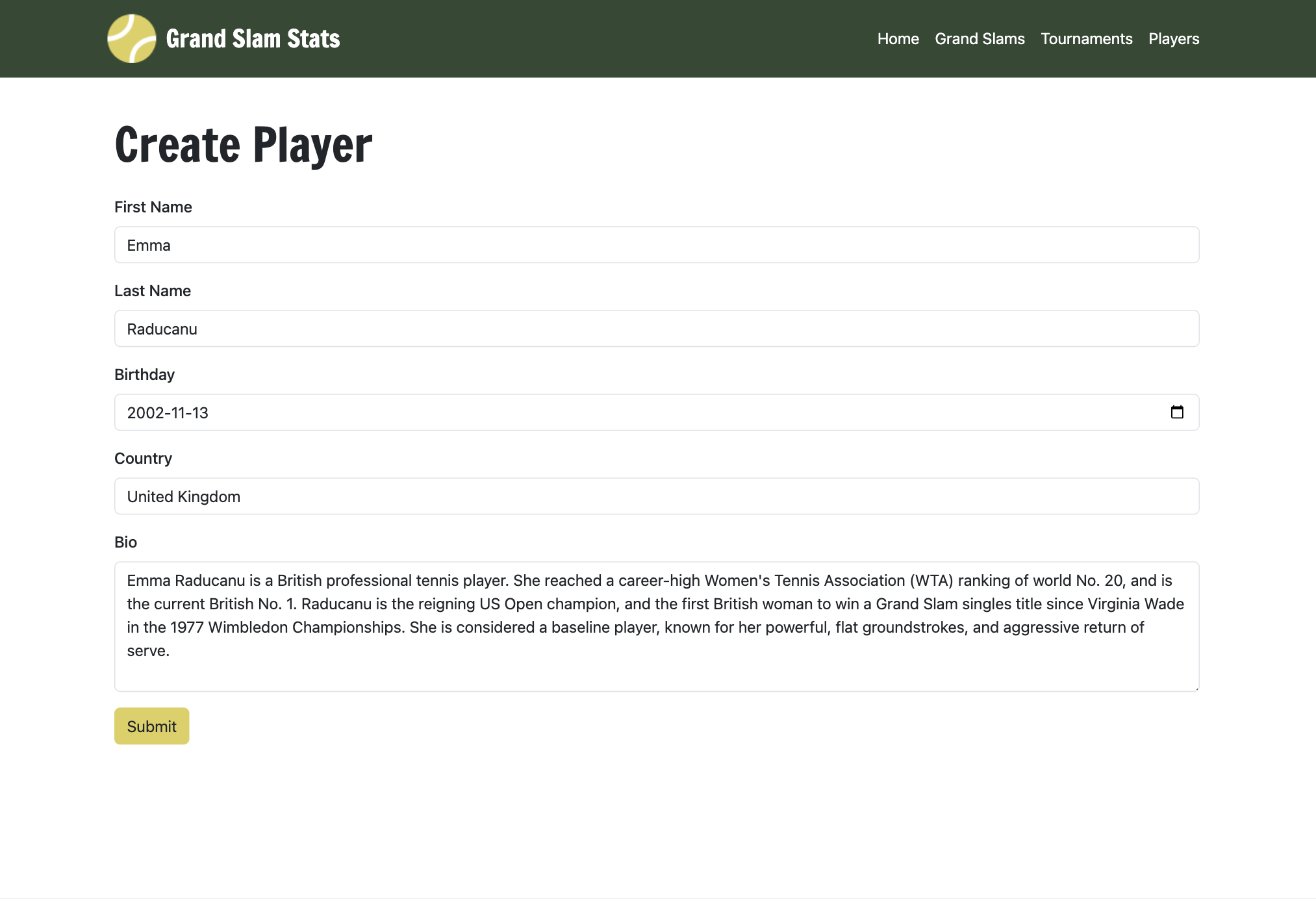 Grand Slam Stats player edit page.