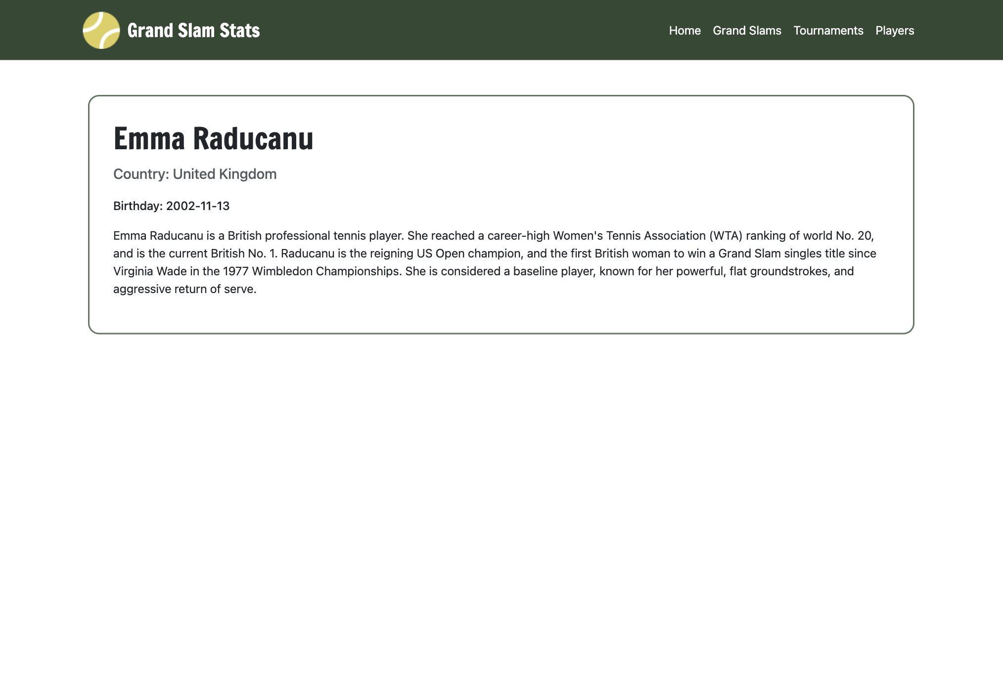 Grand Slam Stats player read page.