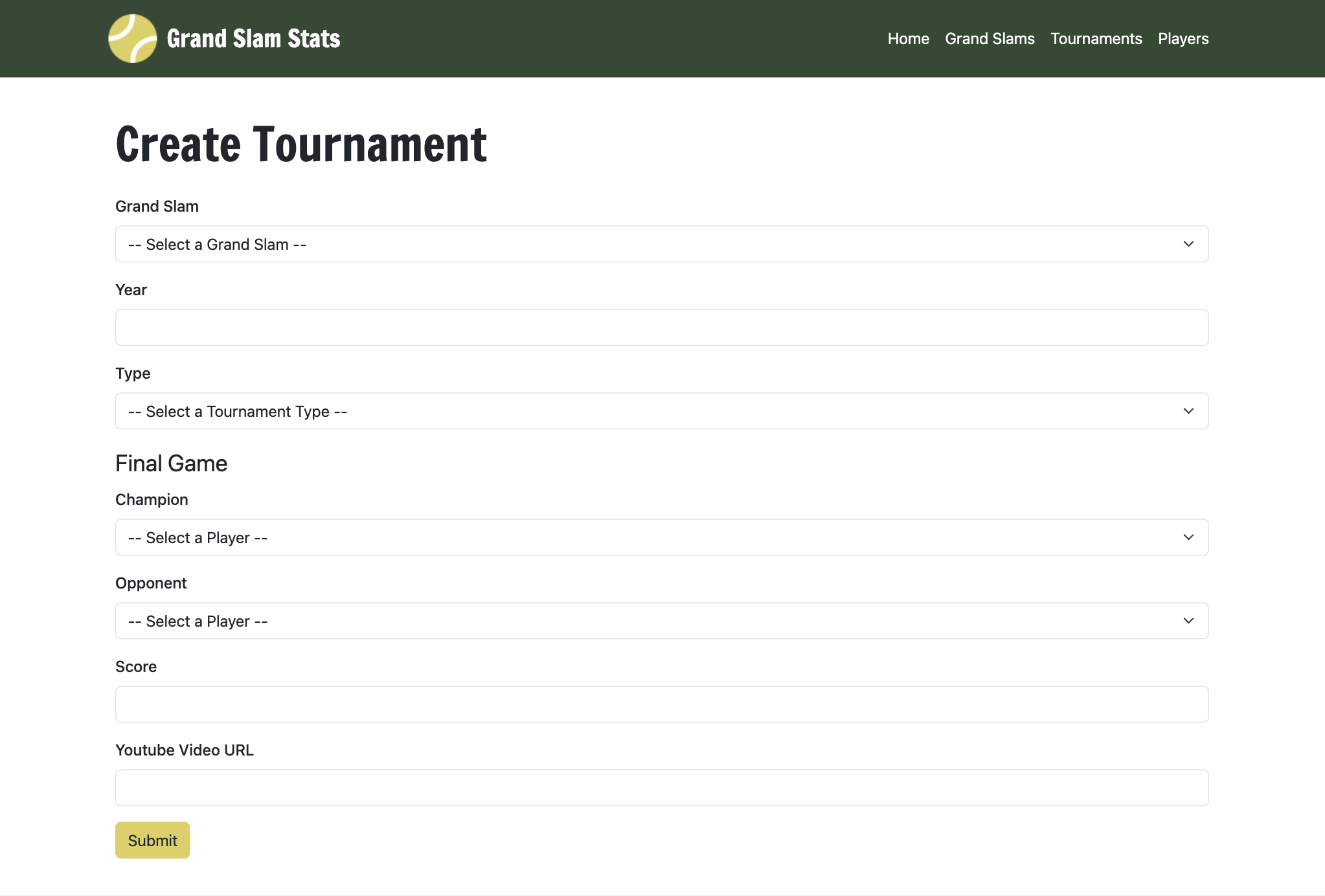 Grand Slam Stats tournament create page.