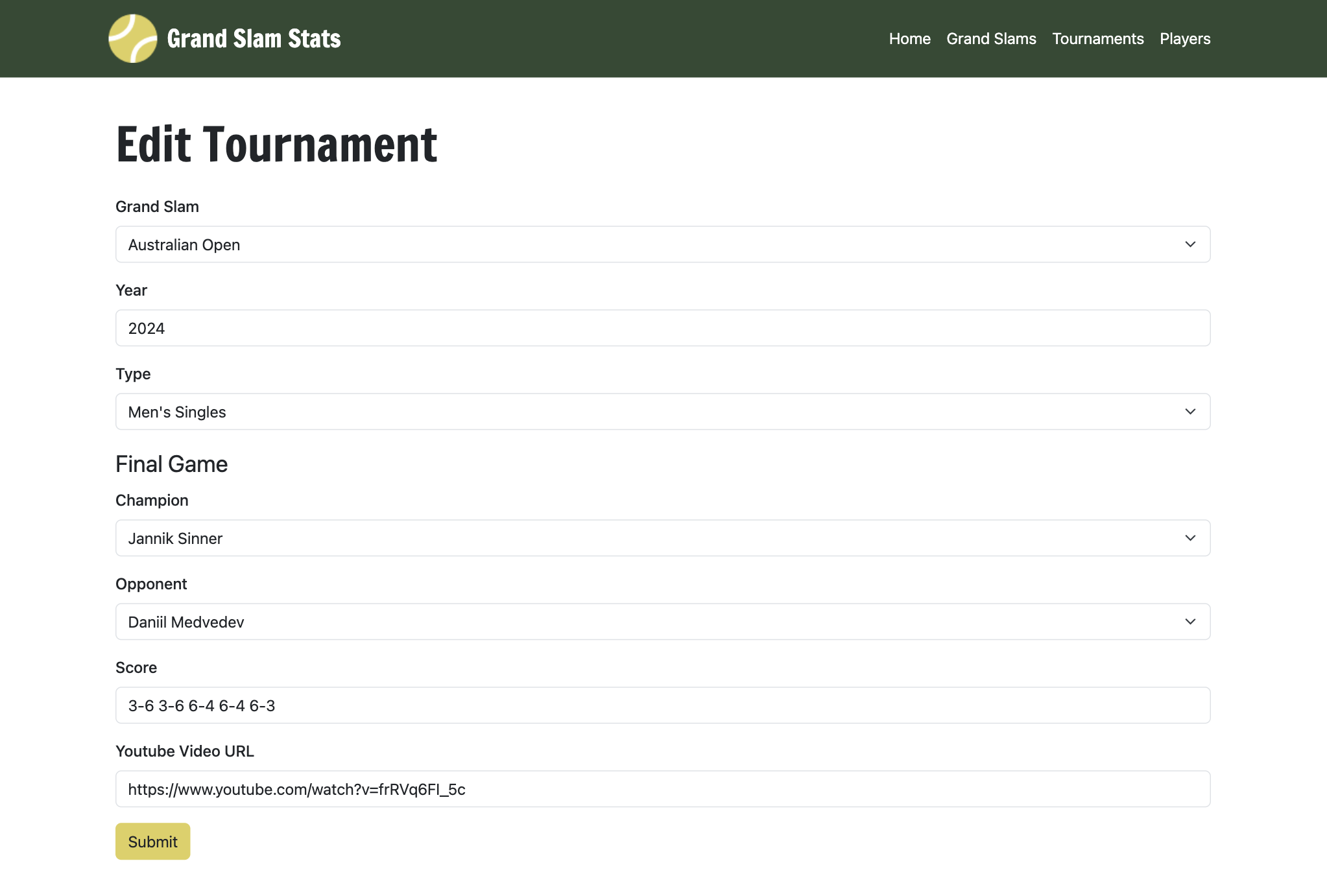 Grand Slam Stats tournament edit page.